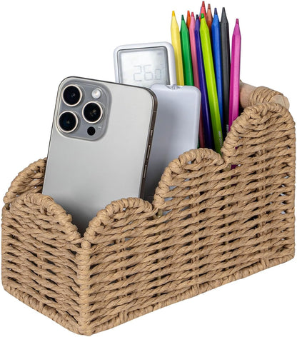 CubesLand Bedside Table Desk Organizer Caddy, Remote Pen&Pencil Holder Cup | Makeup Brush Holder w/Scalloped Perfect for Home, Office Desk, Living Room Table Decor, 3 Slots Neutral