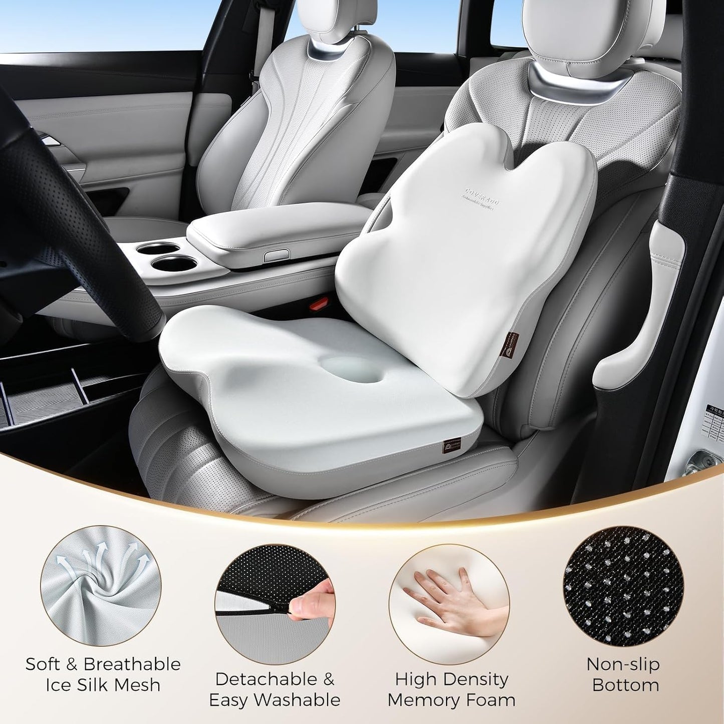 Coverado Lumbar Support Pillow and Seat Cushions for Office Chairs, Memory Foam Orthopedic Coccyx Cushion for Tailbone Pain Cushion Pillow & Back Pain Pressure Relief Seat Cushion Coffee&Beige