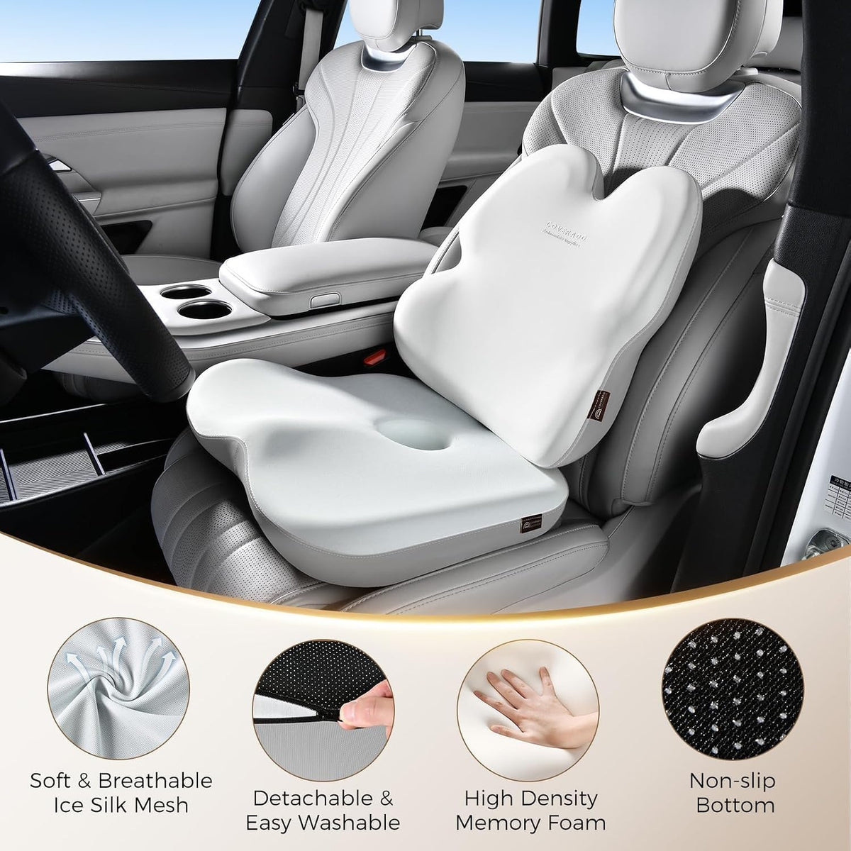 Coverado Lumbar Support Pillow and Seat Cushions for Office Chairs, Memory Foam Orthopedic Coccyx Cushion for Tailbone Pain Cushion Pillow & Back Pain Pressure Relief Seat Cushion Coffee&Beige