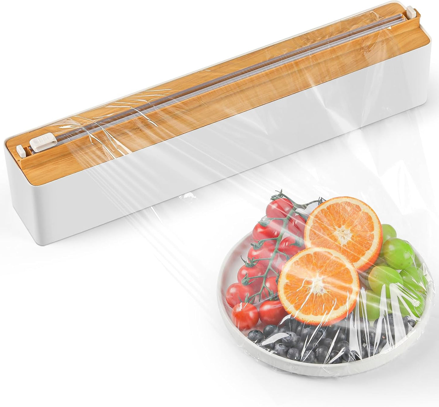 Magnetic Plastic Wrap Dispenser with Cutter - Practical Refillable Aluminum Tin Foil and Plastic Wrap Organizer for Drawer, Including an Extra Roll of 12"X 164' Food Cling Film - Black