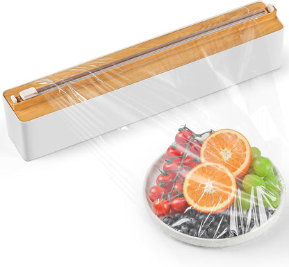 Magnetic Plastic Wrap Dispenser with Cutter - Practical Refillable Aluminum Tin Foil and Plastic Wrap Organizer for Drawer, Including an Extra Roll of 12"X 164' Food Cling Film - Black