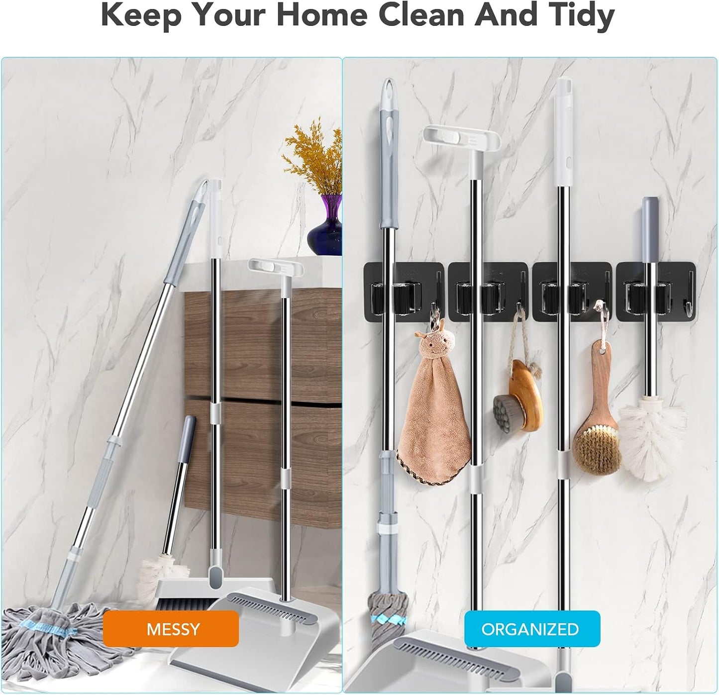 homeasy Broom Holder Wall Mount 4Pcs, Self Adhesive Mop Broom Hanger Black | Self adhesive stainless steel broom organizer with 4 hooks, holds mops, brooms and garden tools without drilling
