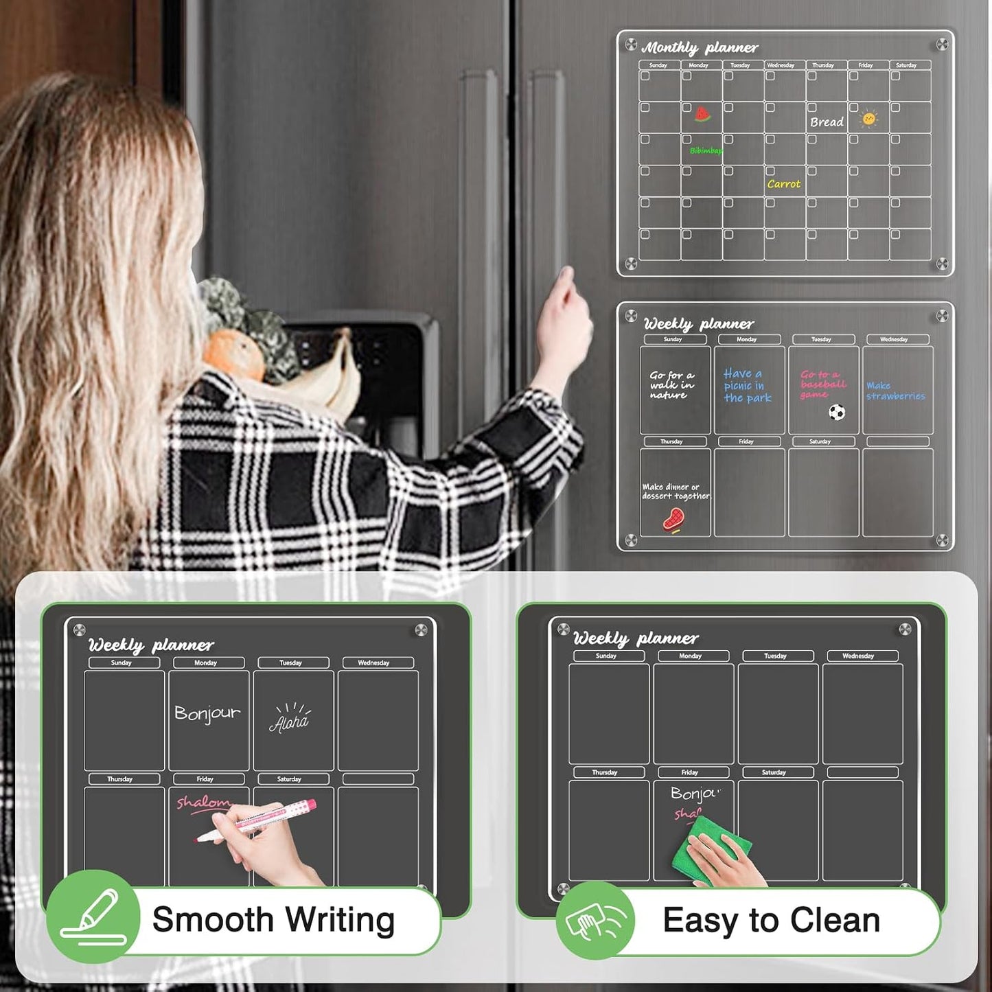 Acrylic Calendar for Fridge, Monthly Clear Acrylic Magnetic Dry Erase Board for Refrigerator, Set of 2 Stronger-Magnetic Reusable Fridge Planner, Includes 6 Liquid Chalk Markers
