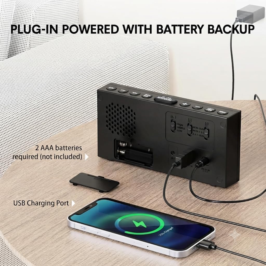 Mesqool Loud Alarm Clock with Bed Shaker & Dual Alarms, USB Port | Extra Loud Vibration Alarm Designed for Heavy Sleepers & Hearing Impaired. 5-level Dimmer, Battery Backup, Snooze & DST.