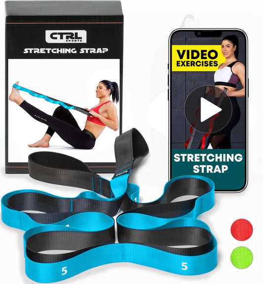Stretching Strap with Loops - Non Elastic Yoga Strap for Physical Therapy | Video Exercises Included - Stretch bands for Stretching Equipment and Flexibility - Fascia, Hamstring & Leg Stretcher Belt