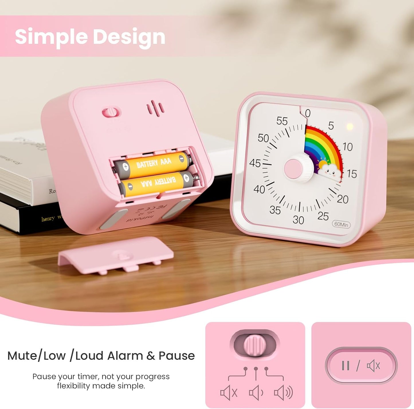 Visual Timer for Kids, Countdown Timer with Pause Function, White | Timer for Kitchen Cooking, Classroom, Study, Toddler, ADHD, Cute Timer Clock, Alarm 3 Volume Levels, Light Indicator