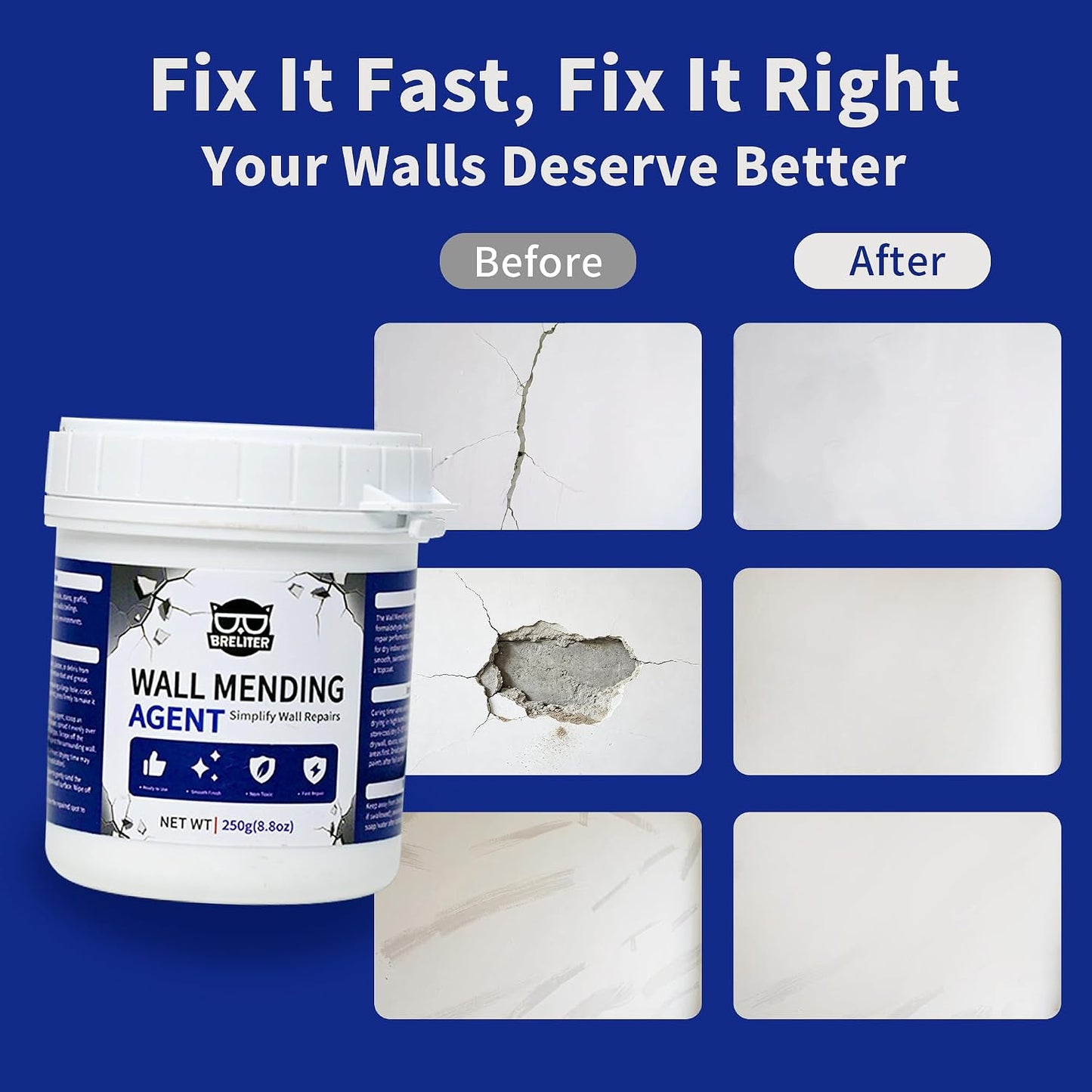 Drywall Patch Repair Kit - Drywall Repair Kit for Wall Texture, Holes, Cracks, Graffiti & Stains, Patches/Scrapers/Sandpaper/Texture Sponge/Putty Knife, Formaldehyde-Free, White (8.8oz)