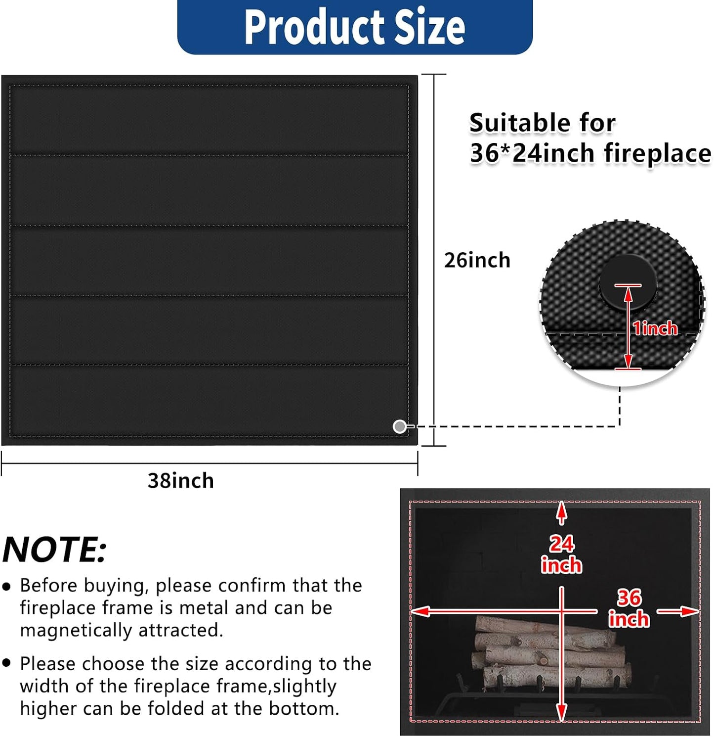 36"x24" Fireplace Cover, Magnetic Fireplace Blocker Blanket Stop Heat Loss | Indoor Fireplace Draft Stopper Save Energy, Magnetic Fireplace Draft Cover for Iron Fireplace Frame