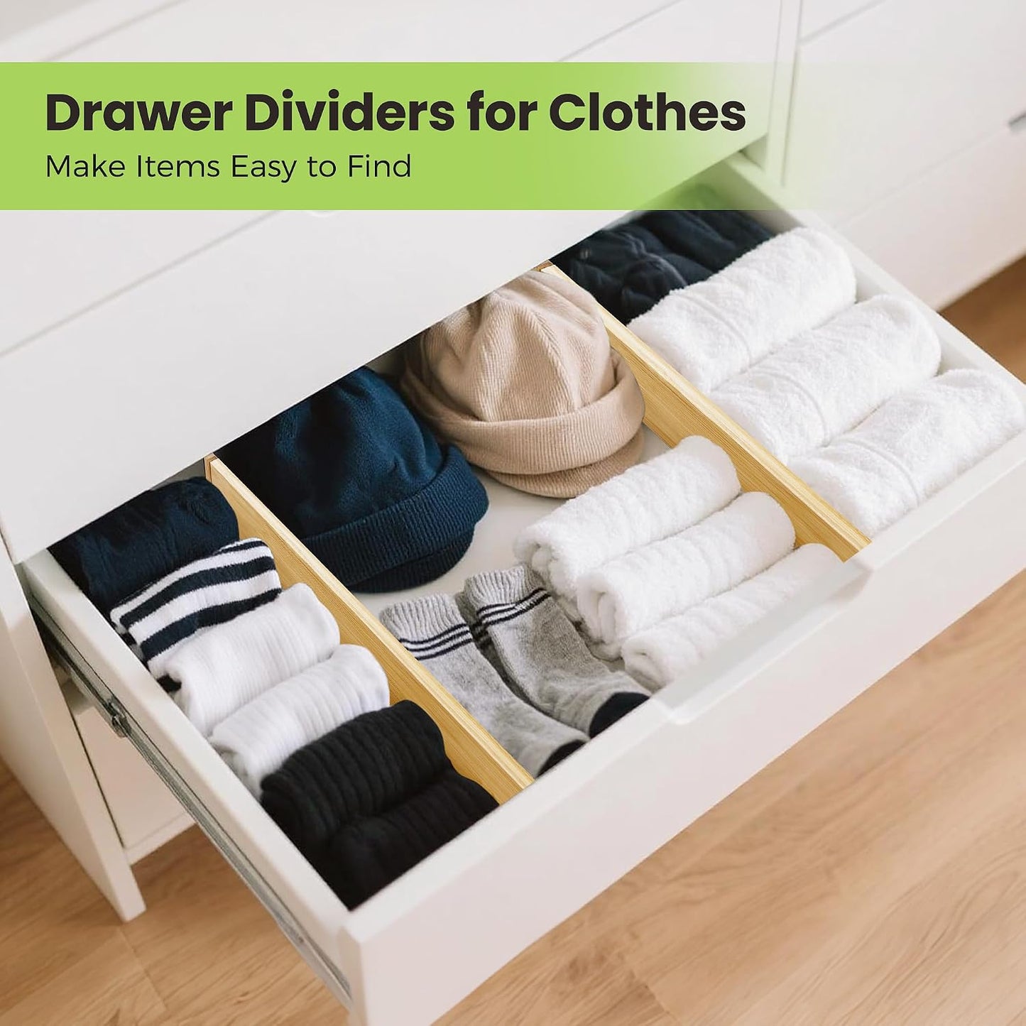 Fyvva Drawer Organizer, Spring-Loaded Expandable Bamboo Dividers 8-Pack | Large Kitchen Drawer Organizer, Adjustable 16.9 to 22.2 in, 2.3in High Non Slip for Kitchen Clothes Bathroom Office Natural