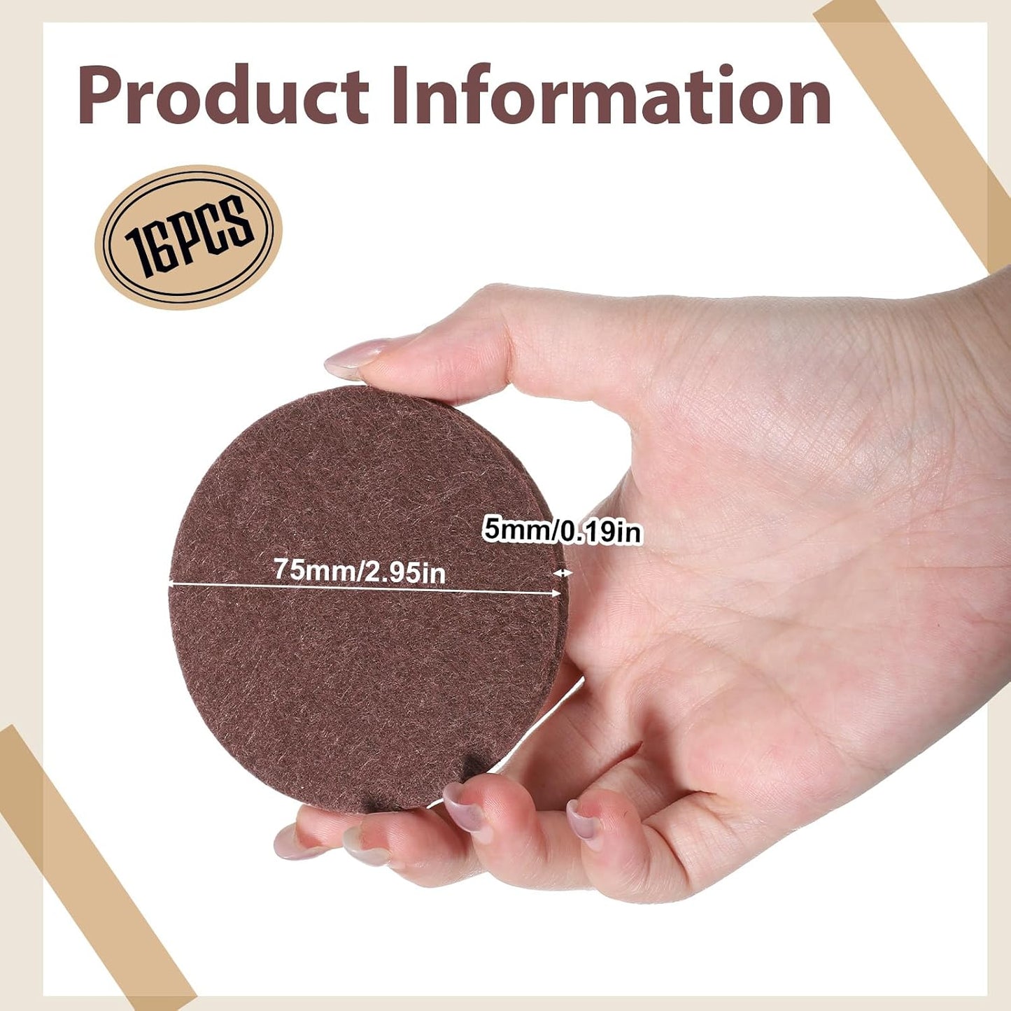 16Pcs 3” Felt Furniture Pads for Sofa Felt Pads for Hardwood Floor Round Table Pad Furniture Feet Protectors for Sofa Anti Scratch Floor Protectors Self Adhesive for Table Legs, 5mm Thick, Brown