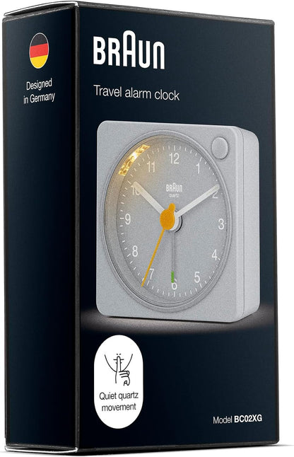 Braun Classic Travel Analogue Alarm Clock with Snooze and Light, Compact Size, Quiet Quartz Movement, Crescendo Beep Alarm in Black and White, Model BC02XBW.