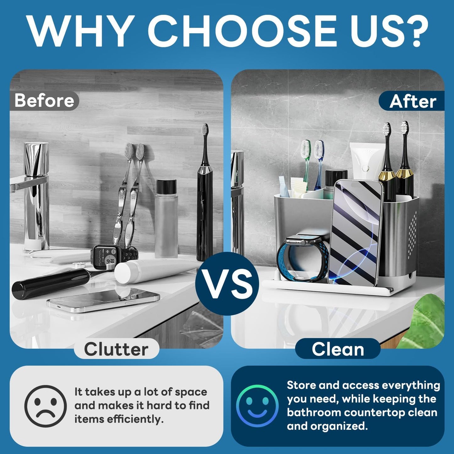 Bathroom Organizers and Storage 6 Slots Wood Grain Electric Toothbrush Holders with Phone Holder and Adjustable Dividers, Cord-Friendly Toothbrush Organizer with Drainage for Family, Kids