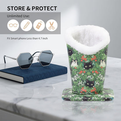 Plush Lined Eyeglasses Holder, Cute Magnetic PU Leather Glasses Stand Case for Women Men Kids