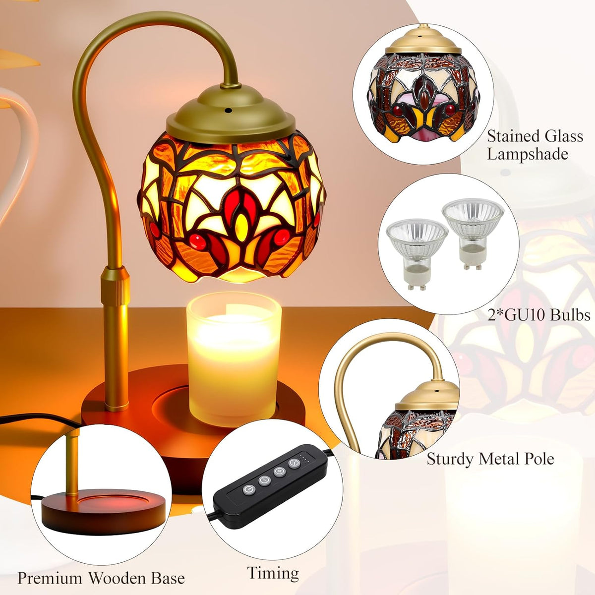 Candle Warmer Lamp - Electric Candle Lamps Timer Dimmer, Sunflower Tiffany Style Stained Glass Candle Warming Lamp Compatible with Jar Candles Valentine Birthday Gifts for Mom Friend Wax Melt Warmer