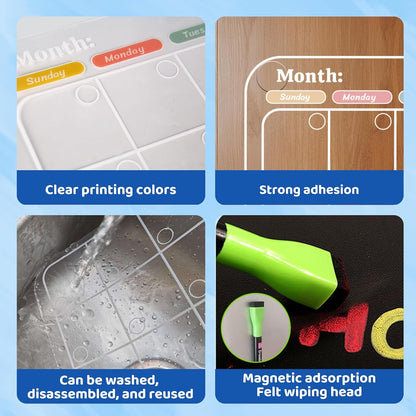 Non-Magnetic Fridge Calendar Set, Reusable Dry Erase Monthly Weekly Planning Boards, Transparent Chore Chart Sticks to Wall, Glass, Door, Any Smooth Surfaces(Month+Week+List)