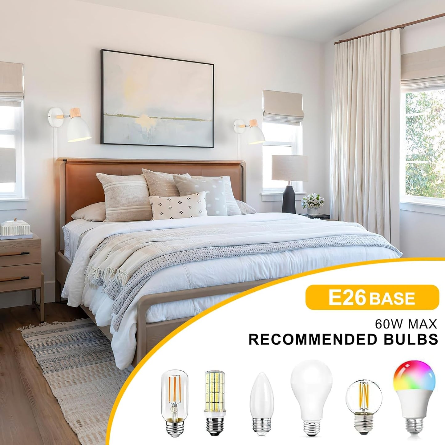 Wall Sconces Plug in, Swing Arm Wall Lamp with Power Cord, White Plug in Wall Lighting Fixtures Set of Two, Bedside Wall Mounted Reading Lamp with Switch, for Bedside Bedroom Hallway