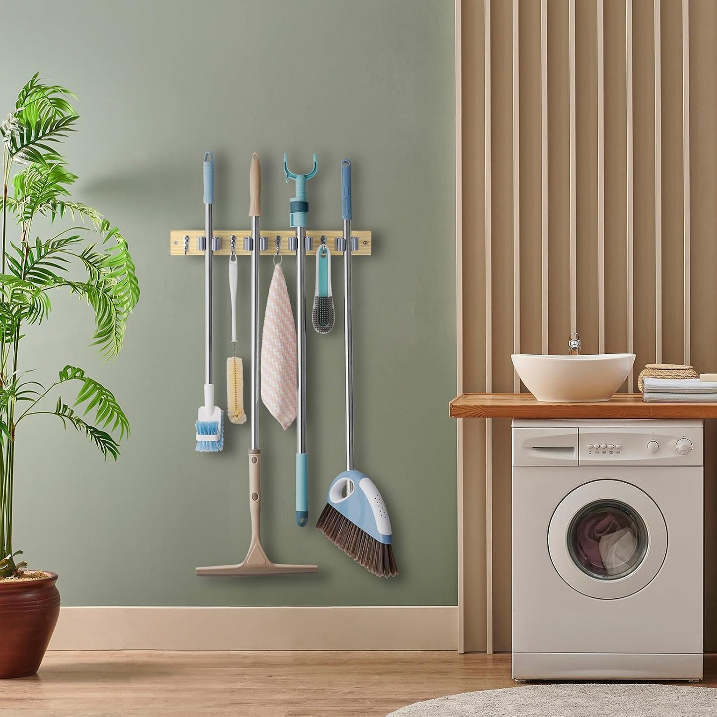 OUTNILI Mop and Broom Holder Wall Mount - Wood Broom Mop Hanger - Wall Mounted Garden Tool Rack Organizer for Closet Garage Laundry Room, Rustic Kitchen Decor With 4 Slots & 4 Hooks