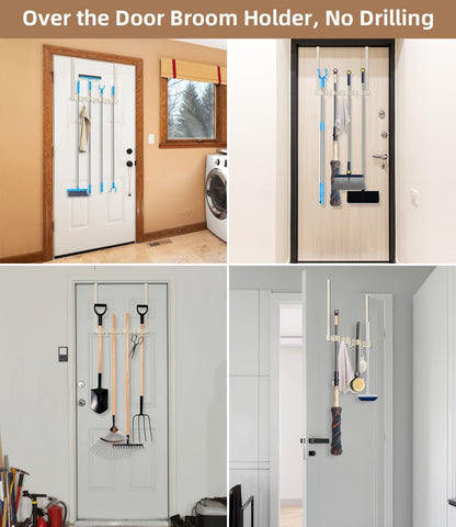 Broom Holder Over The Door with Hooks -304 Stainless Steel (Black) | Save Space, Anti-Rust & Sturdy, Mop and Broom Holder Wall Mounted or Hanging Over The Door, for Garage Laundry Kitchen