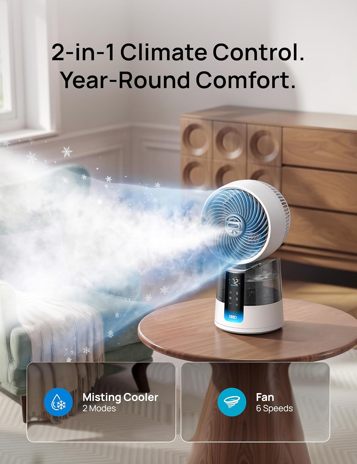 DREO TurboCool Misting Fan 516, 5℉ Drop Cooling Fans that Blow Cold Air | 150°+30° Omni-directional Oscillating, Evaporative air cooler, 26 ft/s Wind, Ultrafine Mist, 20dB, 6 Speeds 2 Modes, White