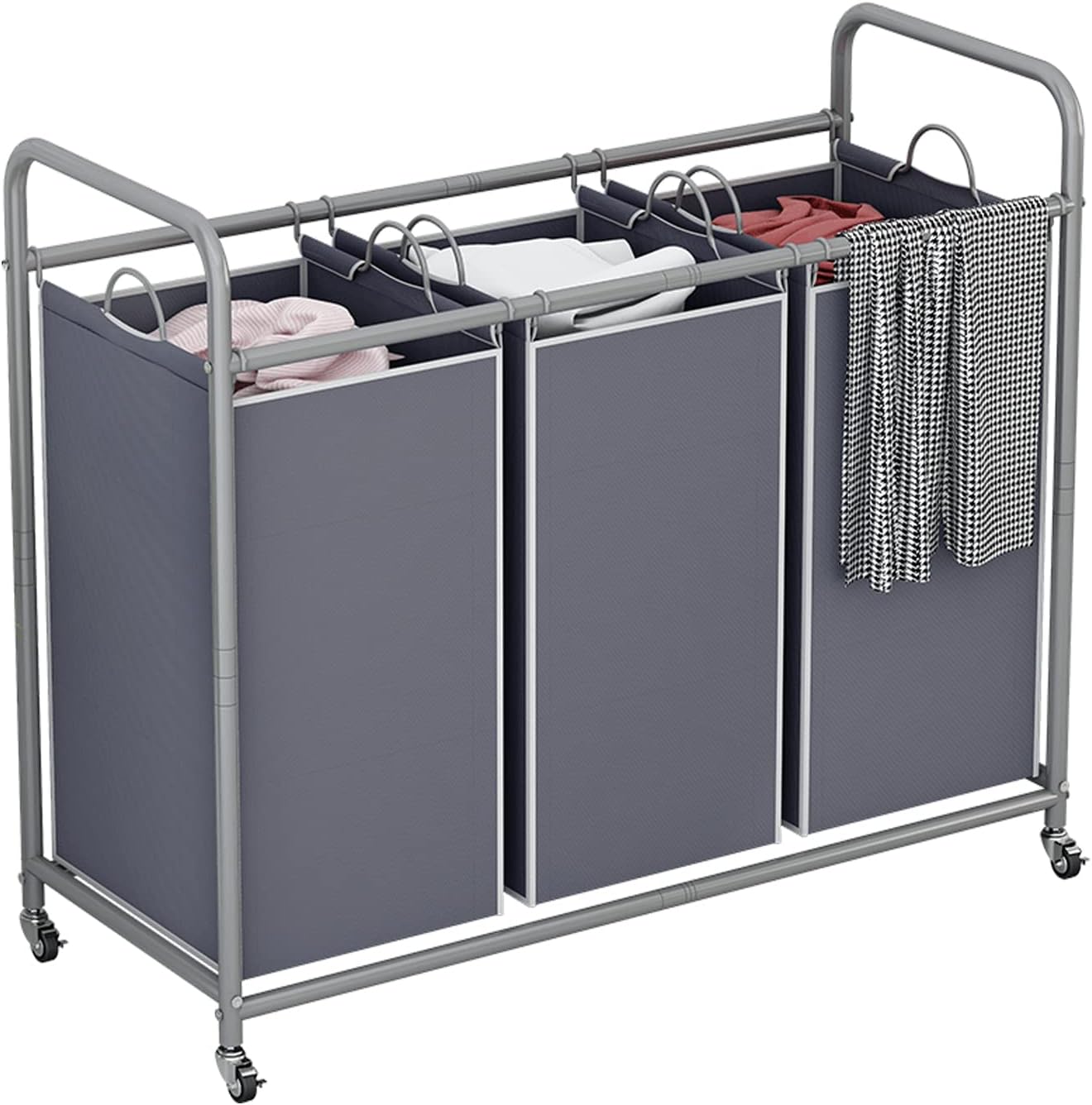 LINZINAR 3 Section Laundry Hamper, Black Laundry Basket 135L Laundry Sorter | Laundry Room Organization with Heavy Duty Rolling Lockable Wheels and Removable Bag, Bedroom Laundry Cart for Clothes Storage