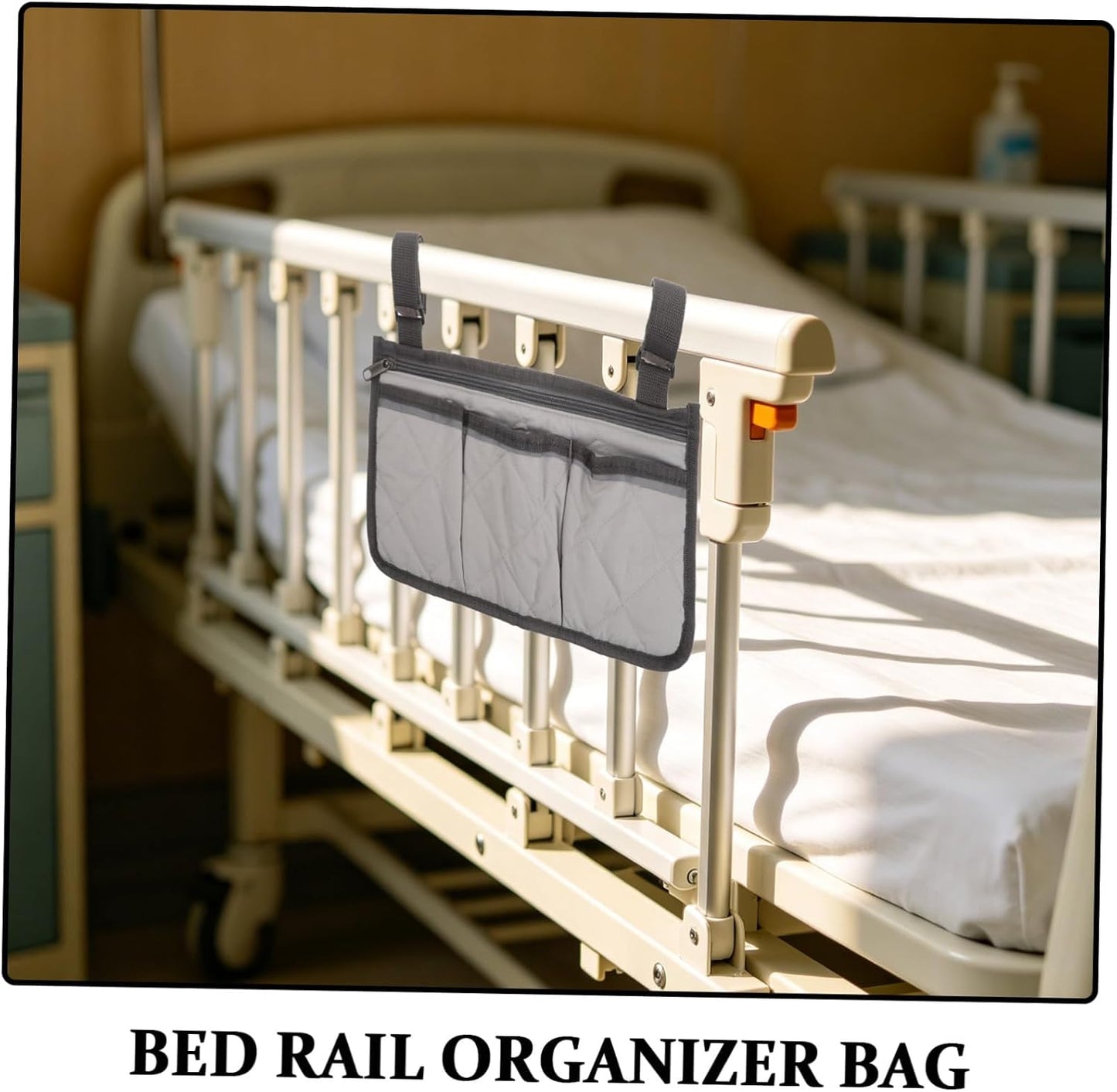 Bed Rail Organizer with 4 Pockets, Safety Bed Assist Rail Storage Bag with Cup Holder, Gray Bedside Caddy for Mobility Aid and Hospital Use