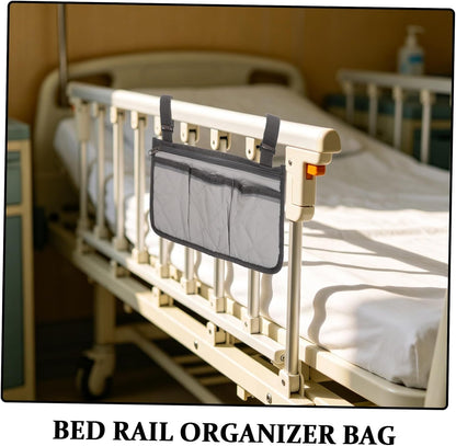 Bed Rail Organizer with 4 Pockets, Safety Bed Assist Rail Storage Bag with Cup Holder, Gray Bedside Caddy for Mobility Aid and Hospital Use