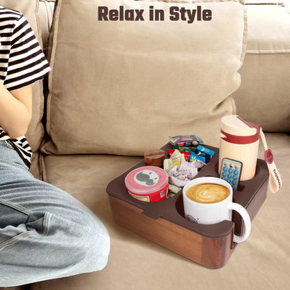 Couch Cup Holder Tray, Real Acacia Wooden Caddy with Soft Silicone, Snack and Drink Organizer- Perfect Movie Night Accessories for Bed, Remote and Cup Holders for Sofa (Black)