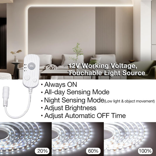 20FT White LED Strip Lights with Motion Sensor, 6500K Daylight Motion Sensing Dimmable 12V 360 LEDs Flexible Cuttable Tape Lights for Bedroom Kitchen Cabinet Ceiling Lighting