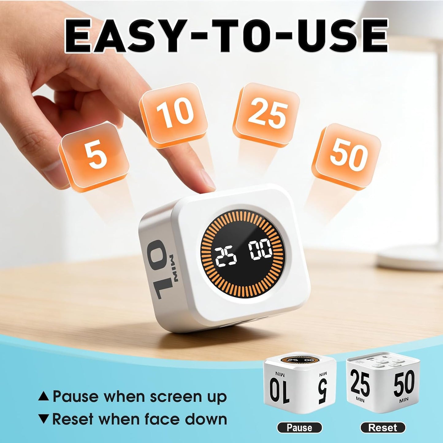 Pomodoro Timer Cube for Productivity — 5/25/10/50 Minutes Preset, Digital Gravity Sensor Desk Visual Timer for ADHD, Silent Mode, Ideal for Office, Study, Kitchen & Kids