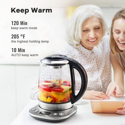 Mecity Electric Tea Kettle Borosilicate Glass Tea Maker With Temperature Control and Infuser - LCD Display and Preset Brewing Programs - 1.7 Liter Water Boiler