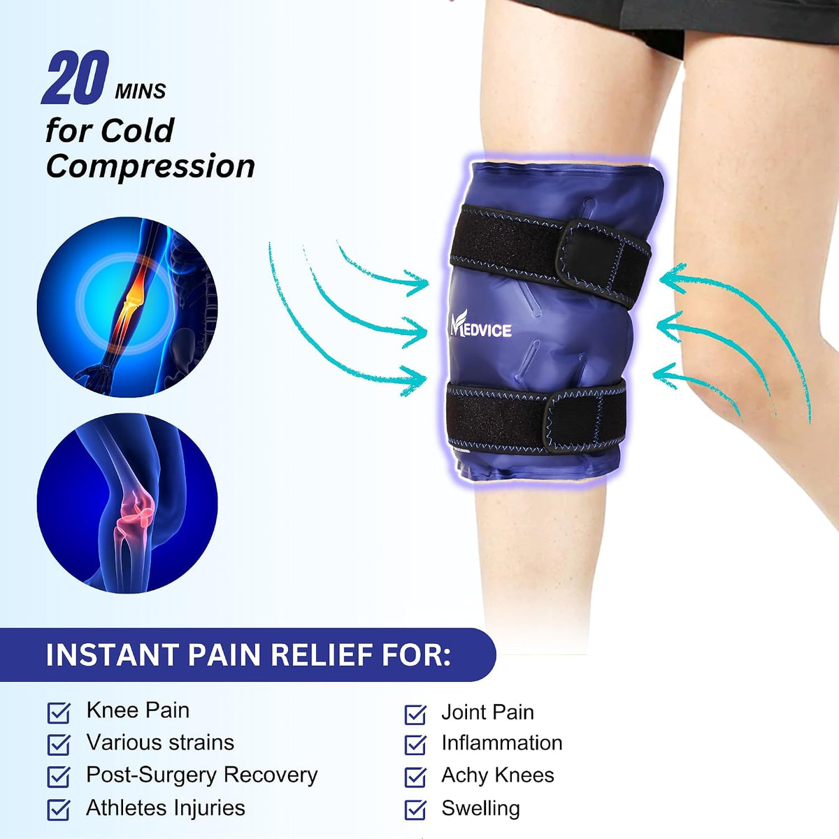 Medvice Knee Ice Pack Wrap with Cold Compression for Pain Relief, Swelling