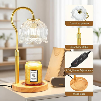 Dreamholder Electric Candle Warmer Lamp with Timer, Dimmable Candle Lamp with Adjustable Height, Wax Melter for Jar Candles Wood Base Floral Home Decor Gifts for Women Mom, Silver Glass