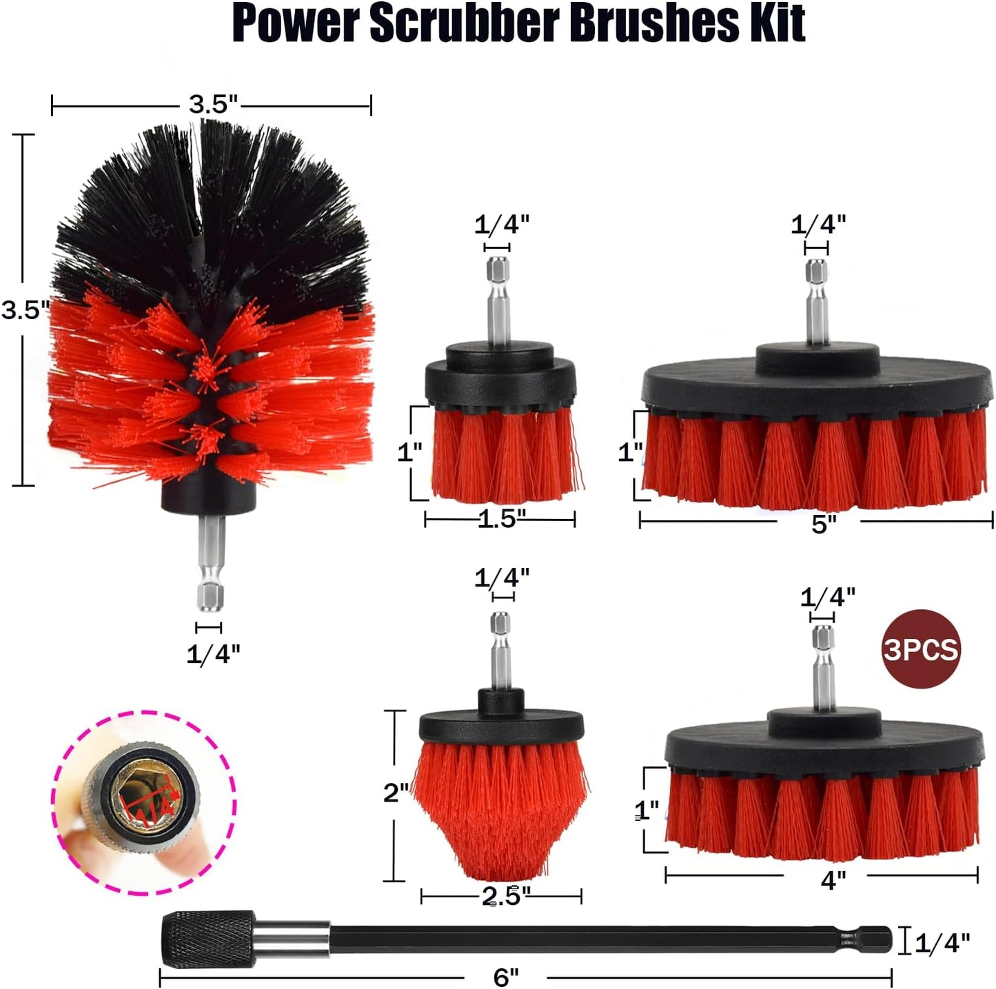 8 Pack Drill Brush Attachment Set, 1/4in Power Scrubber Brush + Extend Long Rod, Multi-Purpose Power Cleaning Scrub Brush for Bathroom, Tub, Tile, Corner, Floor(Red)