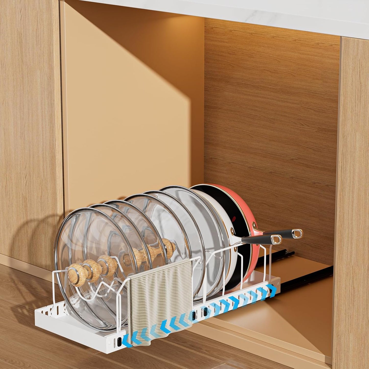 Black 2 Pack Pot Lid Organizer, Pull Out Cabinet Rack, 16 Dividers | 2-pack black carbon steel rack, 16 adjustable dividers, quiet slide rails, adhesive or screw mount for lids, pans, bakeware