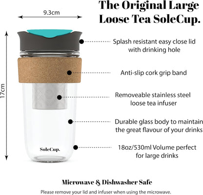 Large Travel Mug Loose Tea Infuser - Detachable Tea Strainer with Spill Proof Lid - 18oz/530ml BPA-Free Reusable Glass Travel Coffee Cup with Cork Band (Pink, 18oz)