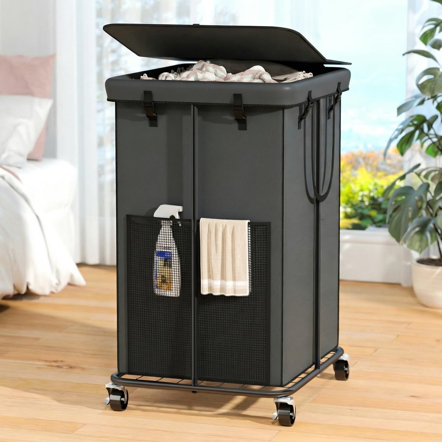 Laundry Hamper with Wheels, 150L Rolling Laundry Basket with Bag & Handles | Sturdy Metal Frame | Removable Bag | Large & Tall Dirty Clothes Hampers for Laundry Room, Bedroom, Dorm, Bathroom-Black