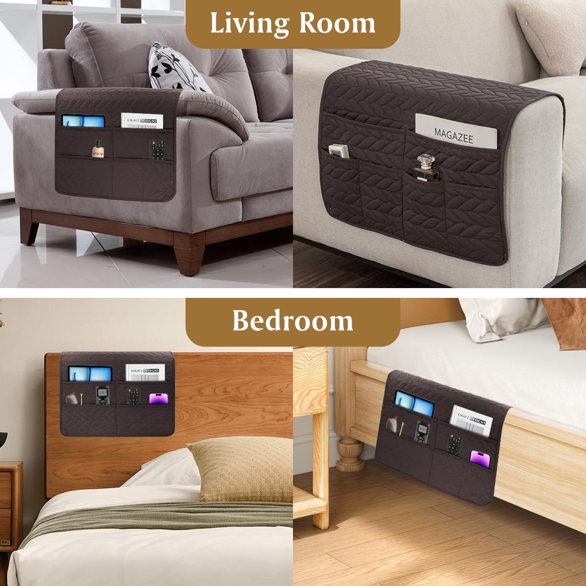 Remote Control Holder for Recliner, Sofa Armrest Organizer with Non-Slip Base, Tv Remote Holder Couch Caddy Armchair Caddy Bedside Organizer with 6 Pockets for Magazine, Tablet, Phone (Beige)