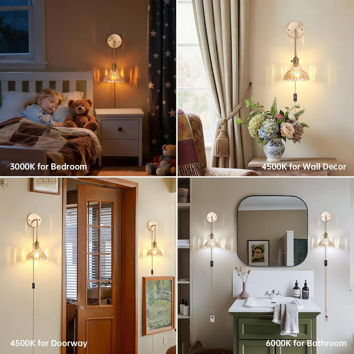 Shenmoyl Battery Operated Wall Sconce Wall Lamp with Green Lily of the Valley Shade Pattern Glass Adjustable Chain Retro Gold Wall Mounted Light, Modern Wall Lamp Fixtures Decor for Bedside Bedroom