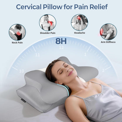 Cervical Neck Pillow for Pain Relief, Contour Memory Foam Pillows for Sleeping, Ergonomic Pillow Orthopedic Cooling Pillow Bed Pillow Neck Support for Side Back Stomach Sleepers（Grey&White