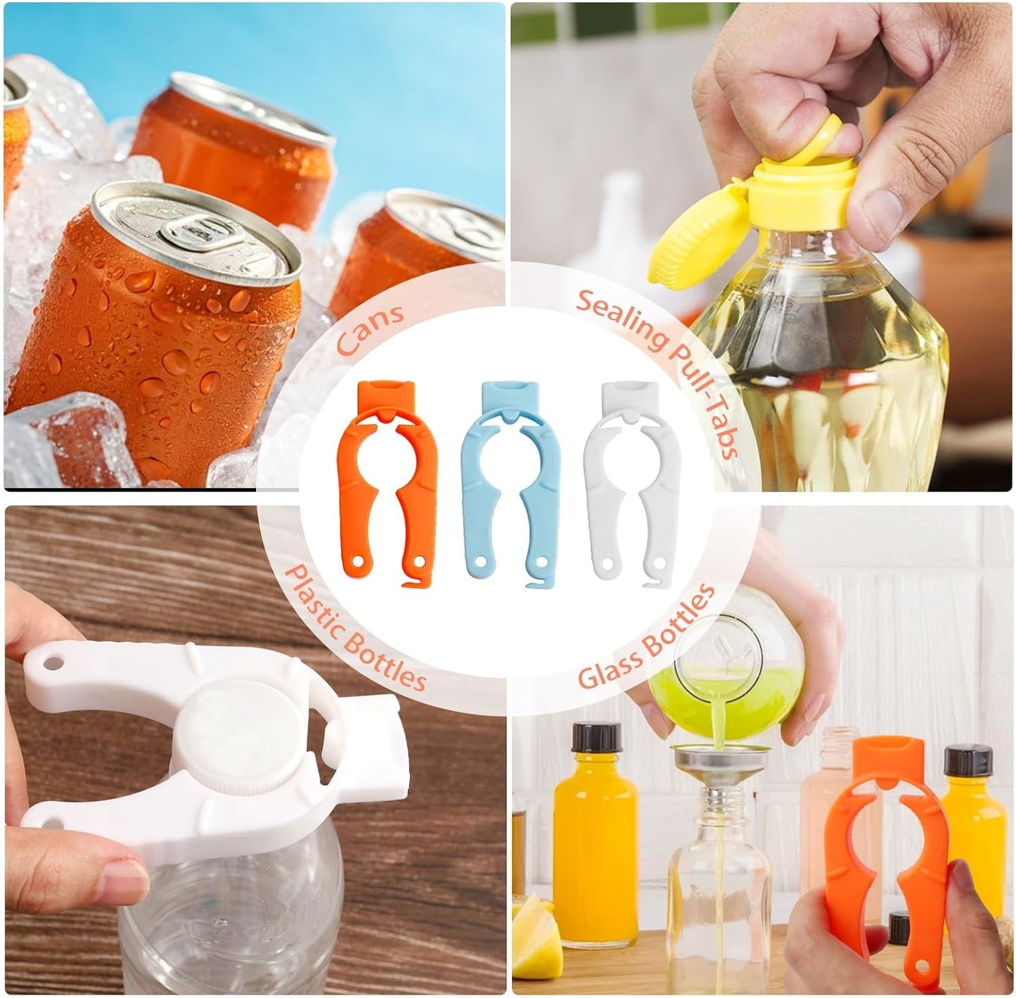 6 Pack Plastic Bottle Cap Opener – Easy-Grip Water/Soda Can Opener for Arthritic & Weak Hands, 3-in-1 Multi-Purpose Water Bottle Openers, Ergonomic Soda Can Openers for Home(Orange, Blue, White)