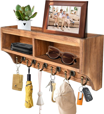 Key Holder Wall Mount with Mail Organizer, 6 Hooks & Shelf, Brown | Wood Key Holder Wall Mount with 6 Key Hooks, Shelf & Storage Box and Mail Organizer for Entryway, Apartment, Home and Office