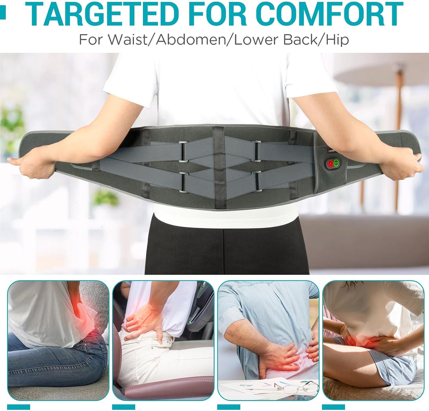 Comfytemp Cordless Heating Pad with Massager for Back, Gifts for Women Men | FSA Eligible HSA, Portable Lower Back Massager, Rechargeable Wireless Electric, Birthday Mom Dad Seniors 3 Heat 30mins, Grey