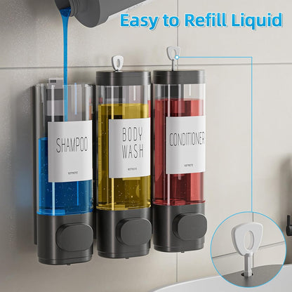 Shampoo and Conditioner Dispenser for Shower Wall Mount 3 Chamber, Black | Shower Soap Dispenser for Wall, 10.2 OZ Plastic Refillable Body Wash Bottles for Bathroom, No Drill Wall Mounted