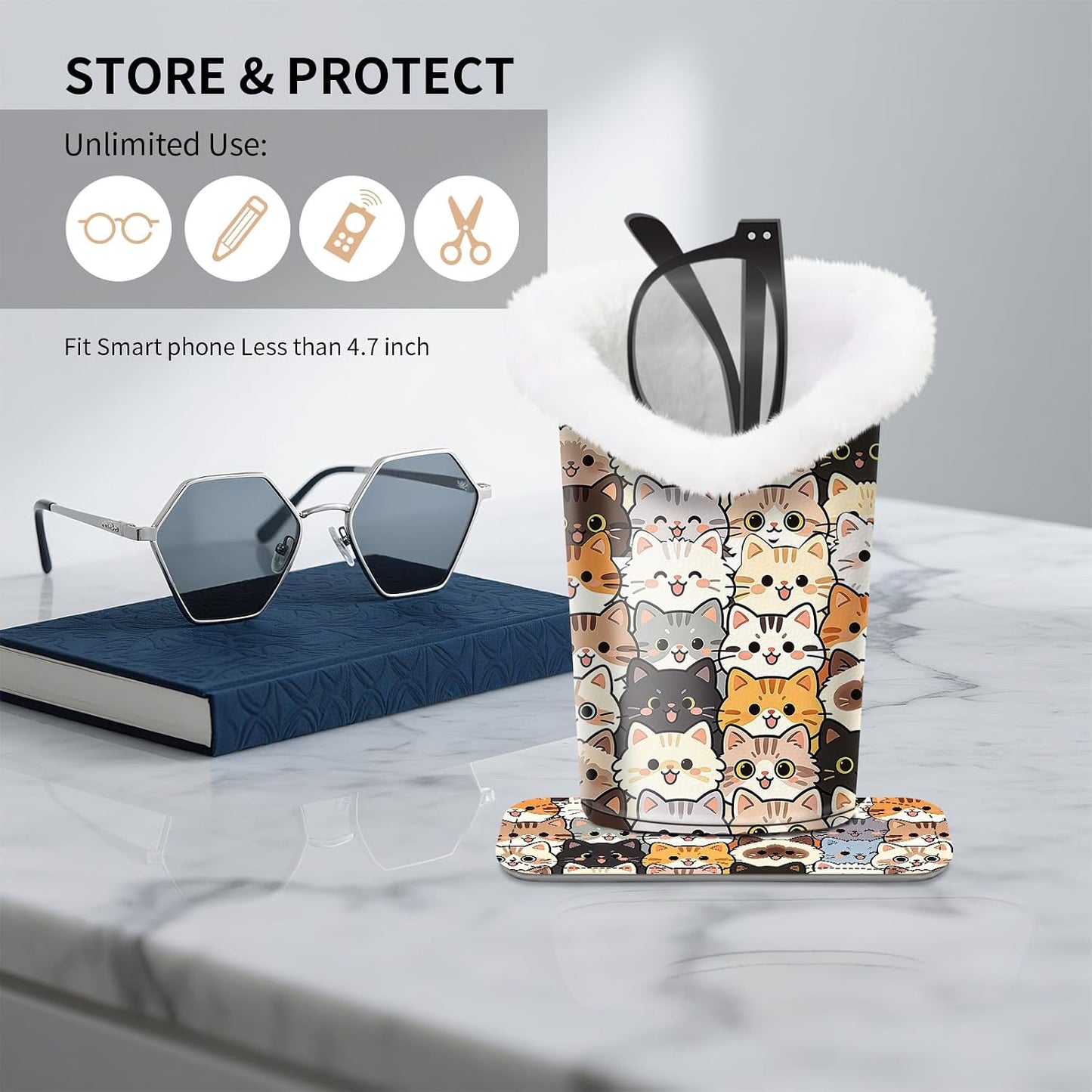 Plush Lined Eyeglasses Holder, Cute Magnetic PU Leather Glasses Stand Case for Women Men Kids