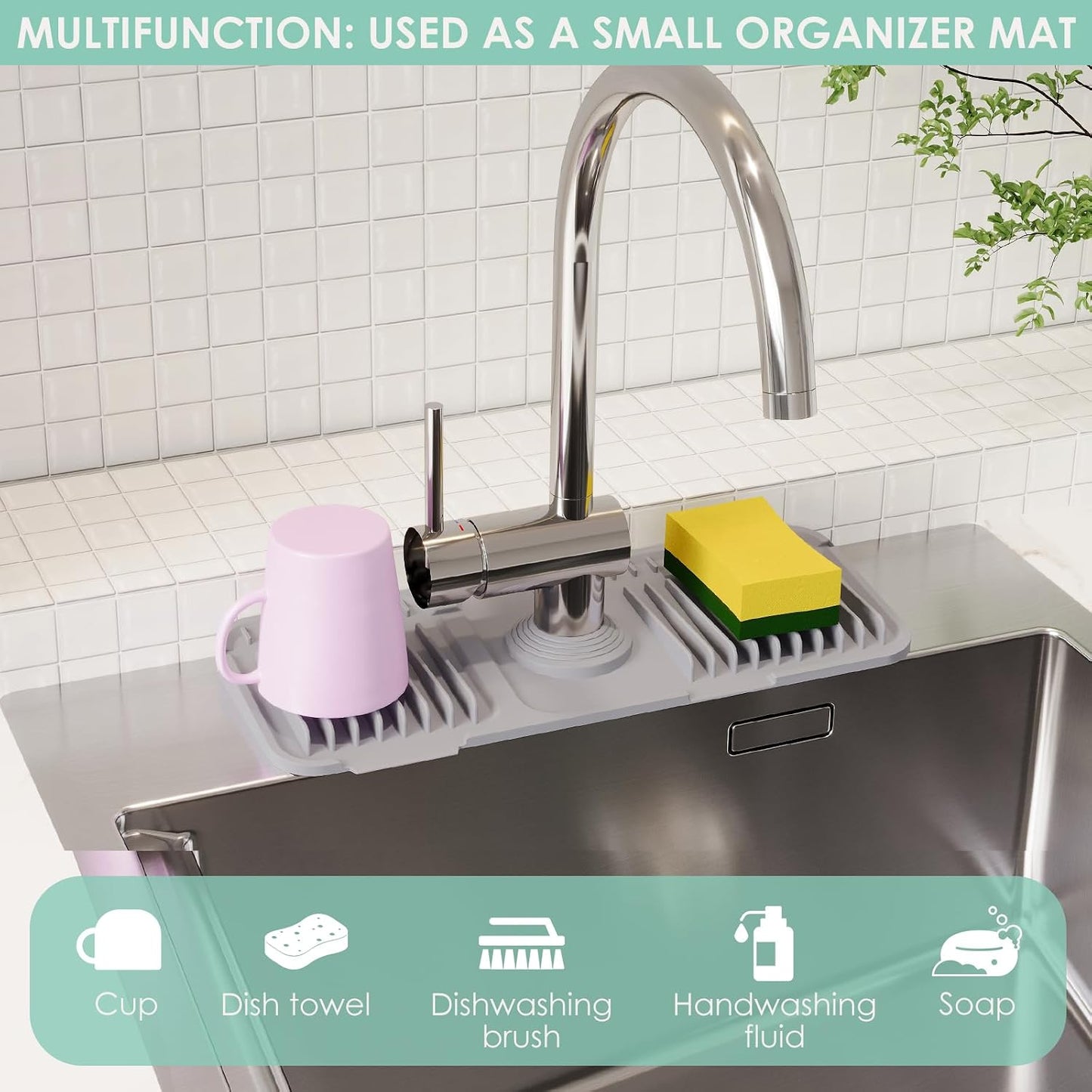 24-Inch Silicone Faucet Mat for Kitchen Sink Splash Guard, 7° Slope | 24"x5.5" water draining mat with fasten button; 1.6-2.75" customizable hole for bathroom, RV & kitchen sink drip catcher.