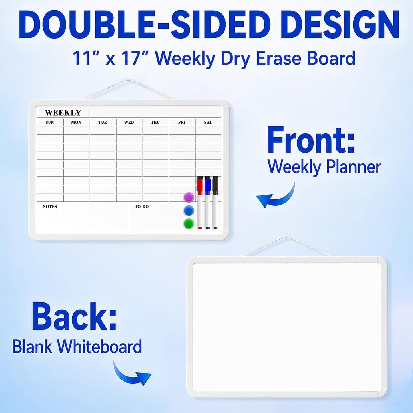 MaxGear Weekly Dry Erase Calendar Board, 11" x 17" Magnetic Whiteboard | Double-Sided Wall Planner: Weekly Calendar on One Side, Blank Whiteboard on The Other, Includes 3 Color Markers and Magnets