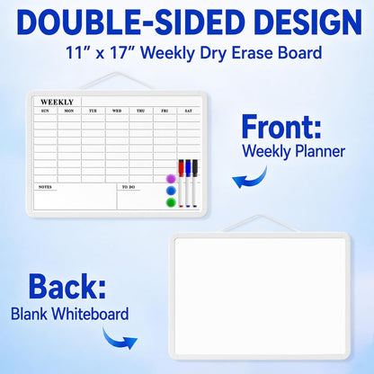 MaxGear Weekly Dry Erase Calendar Board, 11" x 17" Magnetic Whiteboard | Double-Sided Wall Planner: Weekly Calendar on One Side, Blank Whiteboard on The Other, Includes 3 Color Markers and Magnets