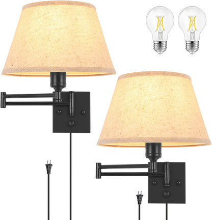 TRLIFE Wall Sconce Plug in, Dimmable Wall Sconces Set of Two Swing Arm Wall Lights with Plug in Cord and On/Off Dimmer Rotary Switch, 9.4" Medium Beige Fabric Shade(2 Pack, 2 Bulbs)