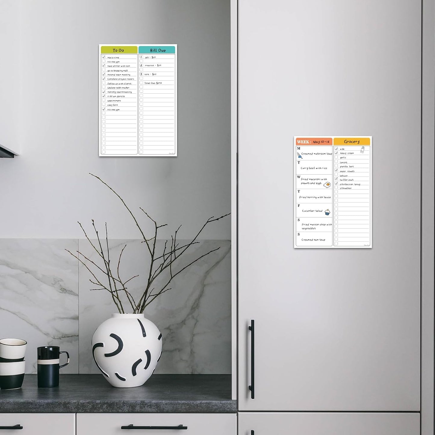 Non-Magnetic Dry Erase Calendar Set for Fridge - Reusable Monthly and Weekly Calendar Sticks to Most Smooth Surfaces - 6 Dry Erase Markers Included - Shipped Flat