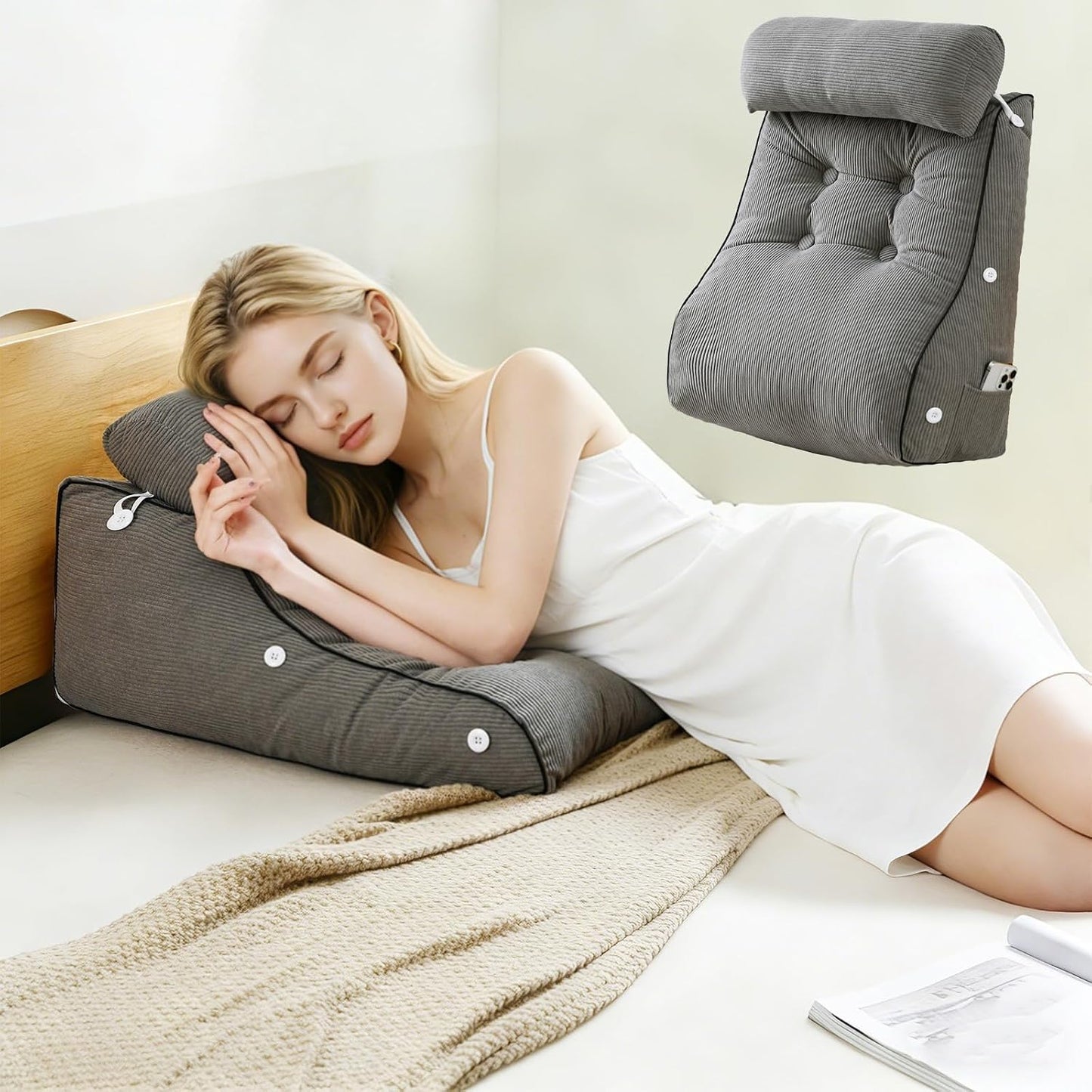 Wedge Pillow – Reading & Bed Rest Pillow for Sitting in Bed, Couch, or Floor, Multi-Purpose Headboard Wedge for Sleeping, After Surgery, Leg & Back Support, Neck Cushion & Washable Cover, Dark Gray